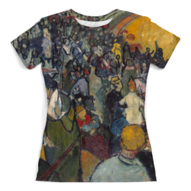 full_print_woman_tee с принтом Арена в Арле (Винсент Ван Гог) в Смоленске, Футболка с нанесением полноцветного изображения по всей поверхности может быть выполнена в двух вариантах - ХЛОПОК и СИНТЕТИКА. | Хлопок - ткань из 100% хлопка высшего качества пенье.  <br>Синтетика - ткань с высоким содержанием синтетического волокна (до 80%).  Материал хорошо тянется, имеет приятную на ощупь фактуру | 