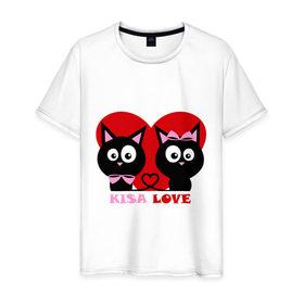 Мужская футболка хлопок с принтом Kisa love в Смоленске, 100% хлопок | прямой крой, круглый вырез горловины, длина до линии бедер, слегка спущенное плечо. | Тематика изображения на принте: kisa | kisa love | love | день святого валентина | идеи подарков | киска | котик подпорка | любовь | токи