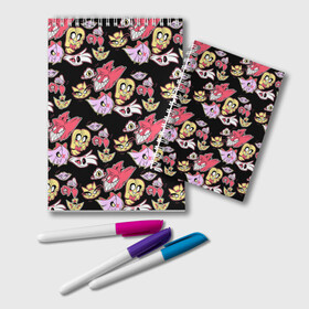 Блокнот с принтом Отель хазбин в Смоленске, 100% бумага | 48 листов, плотность листов — 60 г/м2, плотность картонной обложки — 250 г/м2. Листы скреплены удобной пружинной спиралью. Цвет линий — светло-серый
 | Тематика изображения на принте: hazbin hotel | hell | ад | ада | аластор | вэгги | отель хазбин | пасхалки | рай | тайны | чарли