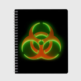 Тетрадь с принтом Biohazard Neon в Смоленске, 100% бумага | 48 листов, плотность листов — 60 г/м2, плотность картонной обложки — 250 г/м2. Листы скреплены сбоку удобной пружинной спиралью. Уголки страниц и обложки скругленные. Цвет линий — светло-серый
 | биохазард | будь здоров | заражение | здоровье | коронавирус | короновирус | маска | медицинская маска | не болей | опасность | пандемия | профилактика | респиратор | эпидемия
