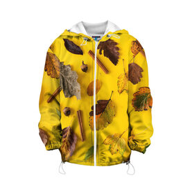 Детская куртка 3D Гербарий: в Смоленске, 100% полиэстер | застежка — молния, подол и капюшон оформлены резинкой с фиксаторами, по бокам — два кармана без застежек, один потайной карман на груди, плотность верхнего слоя — 90 г/м2; плотность флисового подклада — 260 г/м2 | Тематика изображения на принте: гербарий | жёлтый | листья | осень