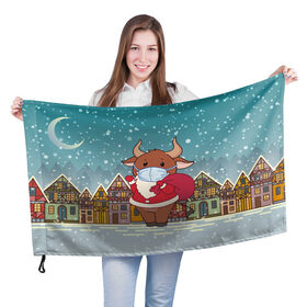 Флаг 3D с принтом Бык с подарками 2021 в Смоленске, 100% полиэстер | плотность ткани — 95 г/м2, размер — 67 х 109 см. Принт наносится с одной стороны | 2021 | 7 января | bull | newyear | santa | бык | быки | бычок | год быка | дед мороз | корова | новогодние каникулы | новогодние праздники | новый 2021 | новый год | новый год 2021 | рождество | сани | санта | санта клаус