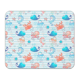 Коврик для мышки прямоугольный с принтом Морские жители в Смоленске, натуральный каучук | размер 230 х 185 мм; запечатка лицевой стороны | Тематика изображения на принте: whale | белый кит | звезда | кит | киты | конек | краб | медуза | морские | осьминог | паттерн | синий кит