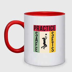 Кружка двухцветная с принтом Safe Sets в Смоленске, керамика | объем — 330 мл, диаметр — 80 мм. Цветная ручка и кайма сверху, в некоторых цветах — вся внутренняя часть | Тематика изображения на принте: ball | beach | game | sport | volley | volleyball | волейбол | волейболист | волейболистка | гол | игра | игрок | мяч | площадка | пляж | пляжный | победа | сетка | спорт | тренер | чемпион
