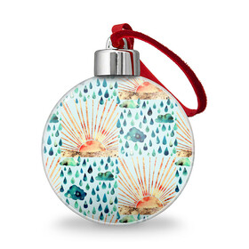 Ёлочный шар с принтом Осенний паттерн: Дождь и солнце в Смоленске, Пластик | Диаметр: 77 мм | Тематика изображения на принте: 3d | blue | clouds | overcast | rain | raindrops | sun | sunset | watercolor | weather | акварель | дизайн | дождливый | дождь | закат | капли | коллаж | лучи | непогода | облака | осенний | осень | паттерн | погода | рассвет | синий