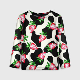 Детский лонгслив 3D с принтом Клубника на коровьей шкуре в Смоленске, 100% полиэстер | длинные рукава, круглый вырез горловины, полуприлегающий силуэт
 | Тематика изображения на принте: акварель | белый | еда | клубника | корова | красный | летний | молоко | орнамент | паттерн | правильное питание | принт | пятна | рисунок | сочный | черный | ягоды | яркие принты | яркий принт