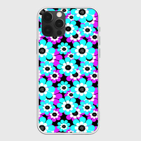 Чехол для iPhone 12 Pro с принтом Яркие бирюзовые цветы  в Смоленске, силикон | область печати: задняя сторона чехла, без боковых панелей | бирюзовые цветы | бордовый | детский | для детей | малышам | неоновый | ретро | цветочный узор